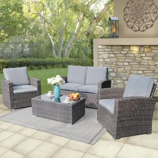 SUGOLD Patio Furniture Set, 4 Piece Outdoor Patio Conversation Set, All-Weather PE Rattan Wicker Sectional Patio Sofa Set with Tempered Glass Coffee image {1}