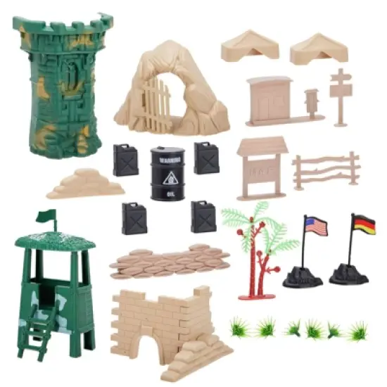 Juvale 100-Pieces of Toy Army Men Action Figures for Boys in 2 Colors, War Soldiers Toys Play Set with 2 Flags and Forts, and Battlefield Accessories image {4}