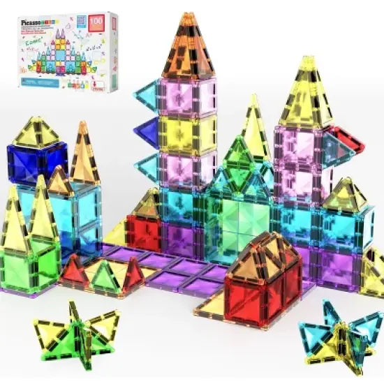 PICASSO-TILES Magnetic Tiles For Kids, 100PCS Construction STEM Building Blocks Educational Toy, Travel Size image {1}