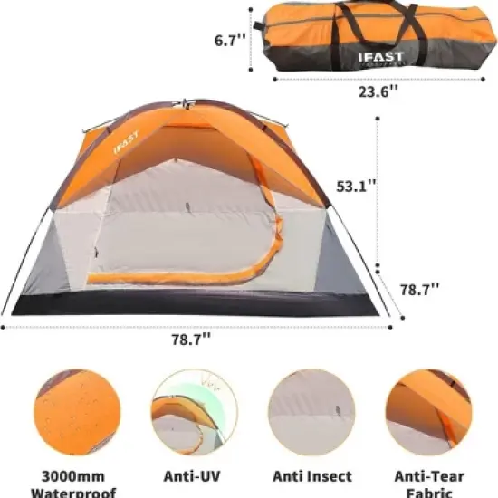 FURNIinspire Camping Tents Family Camping Tent, Outdoor Double Layers Waterproof Tent With Rainproof Top And Mesh Windows, Orange, 78.7"*78.7"*53.1" image {2}