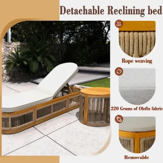 Moda Furnishings Acacia Wood Rope Weaving Patio Outdoor Reclining Chaise Lounge With Cream Cushions image {8}