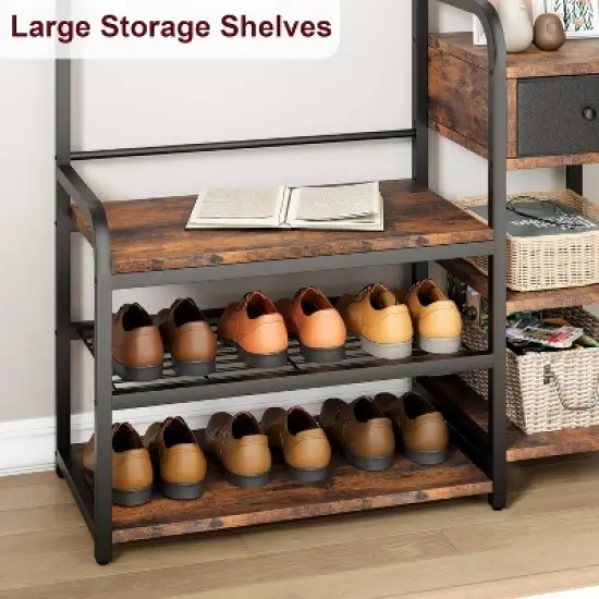 68.8" Hall Tree with Bench, 5-In-1 Entryway Organizer, Rustic Brown MDF & Metal image {5}