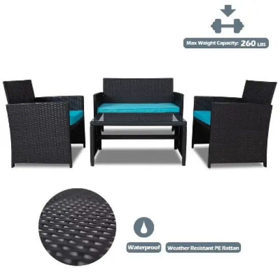 FIONECA Deluxe 4-Piece Patio Furniture Set &uml;C Black Rattan Outdoor Conversation Set with Light Blue Cushions & Table image {1}