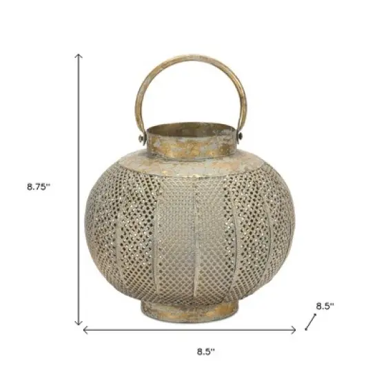 HomeRoots 9" Bronze And Green Distressed Lattice Metal Tabletop Lantern Candle Holder image {2}