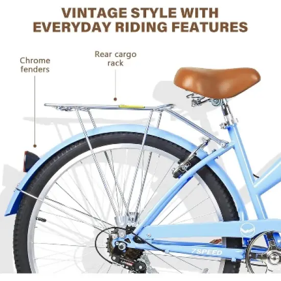 WEIZE Beach Cruiser Bike 26 inch City Bikes Commuter Bicycle for Adult 7-Speed Comfortable with Rear Rack or Basket Blue image {2}