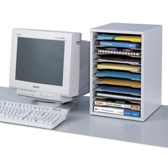 Safco Wood Vertical Desktop Sorter, 11 Compartments, 10.63 x 11.88 x 16, Medium Oak image {2}