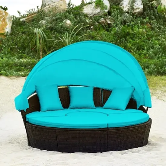 Tangkula Cushioned Patio Rattan Round Daybed w/ Adjustable Table 3 Pillows Turquoise image {4}