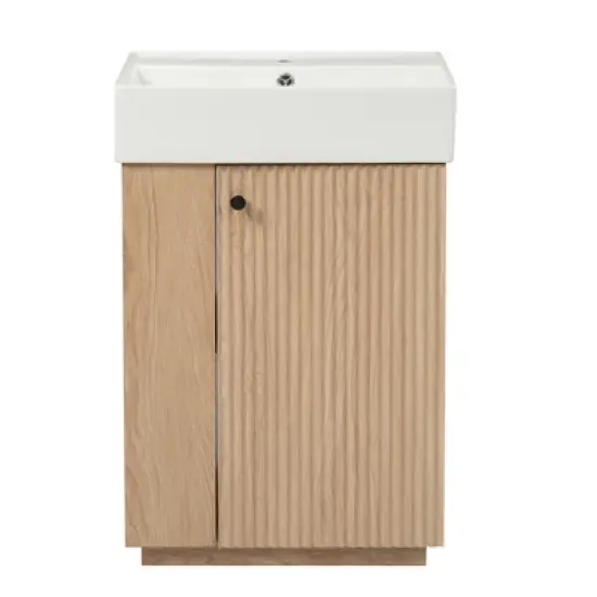 21.6'' Bathroom Vanity with Ceramic Sink, Freestanding Storage Cabinet, Soft-Closing Left/Right Door & Open Shelves, Natural - ModernLuxe image {6}