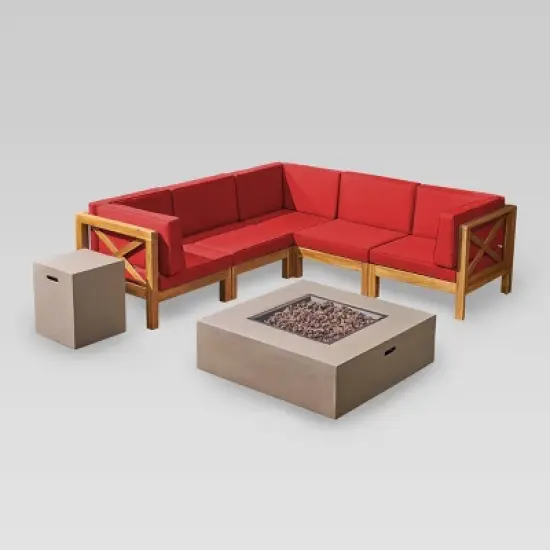 Brava 7pc Acacia Sectional Sofa Set with Fire Pit - Christopher Knight Home image {1}