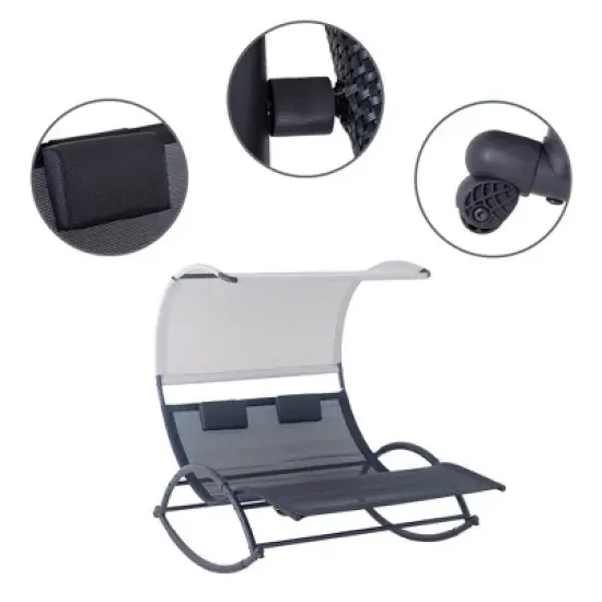 Outdoor Double Chaise Lounge Chair Rocking Bed with Sun Shade & Wheels - Black - Crestlive Products: UV-Resistant, Steel Frame Patio Furniture image {3}