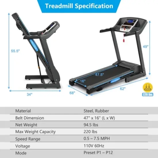 Costway 2.25HP Folding Electric Treadmill Motorized Power Running Machine image {8}