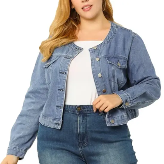 Agnes Orinda Women's Plus Size Long Sleeves Button Down Crew Neck Short Denim Jacket image {6}