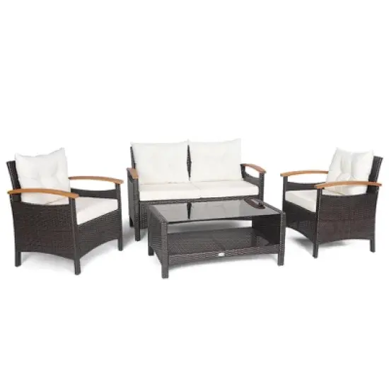 Costway 4PCS Patio Rattan Furniture Set Cushioned Sofa Storage Table Off image {2}