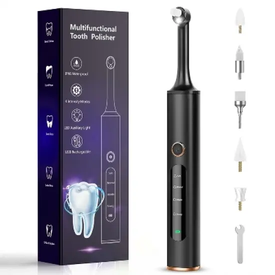 YEVYO 4 Mode Tooth Polisher - 5 Replaceable 360&deg; Dental Polishing Heads with LED?Lighted Cleaning Tool, IPX6 Waterproof Teeth Polishing Kit - Black image {8}