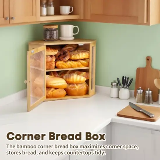 Unique Bargains Bamboo Acrylic Wavy Door Panel Corner Bread Container Natural Wood Medium image {4}