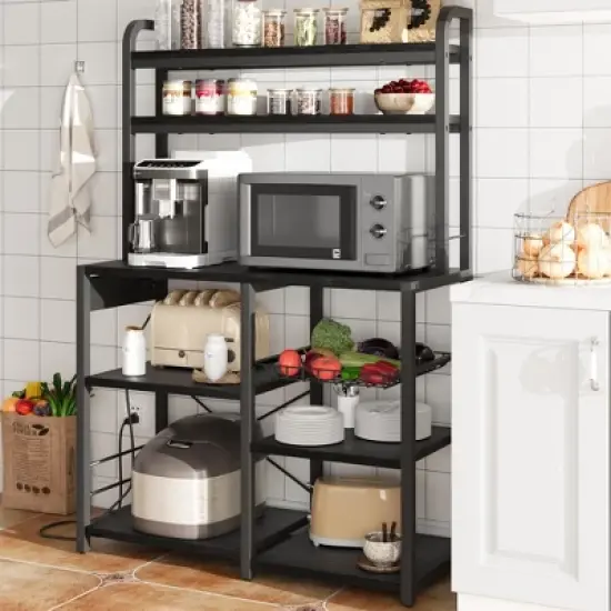 Bakers Rack with Power Outlet, Coffee Bar with Wire Drawer, Microwave Stand, Kitchen Baker Table with Large Storage image {7}