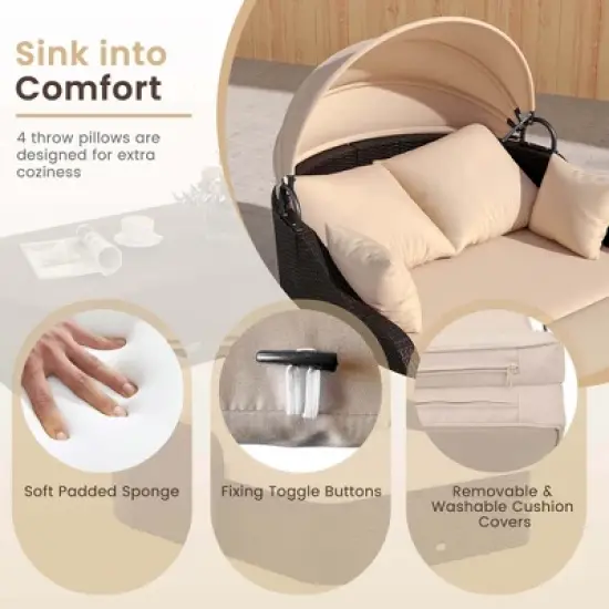 Costway Patio PE Rattan Daybed with Retractable Canopy Soft Cushions and Extra Pillows image {6}