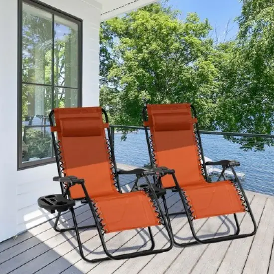 Costway Folding Zero Gravity Reclining Lounge Chairs Beach Patio with Utility Tray Orange image {3}