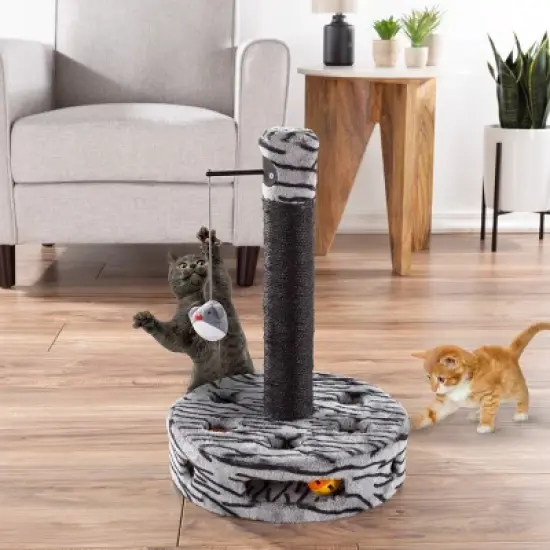 Pet Adobe Interactive Sisal Cat Scratching Post With Built-In Rolling Ball and Hanging Mouse Toy for Adult Cats and Kittens - Gray and Black image {1}