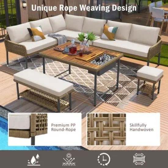 KTMBDW 6-Piece Rope Patio Furniture L-Shaped Set, Outdoor Sectional Sofa Set with Acacia Wood Table with Ice Box, Rope Benches for Garden, Porch, Deck image {2}