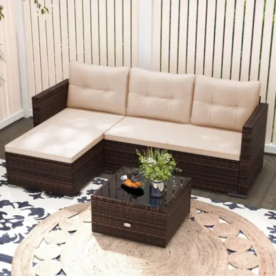 Costway 4 Seats Outdoor Wicker Furniture Set with Tempered Glass Coffee Table & Soft Cushions image {3}