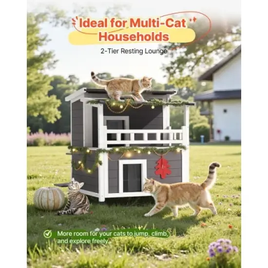 VEVOR Insulated Cat House, 2-Story Wooden Cat Shelter, Foam Insulation, Feral Kitty Shelter with Balcony, Waterproof Cats Condos, White&Grey image {4}