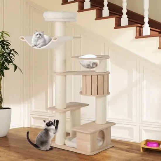 Tangkula 69" Tall Cat Tree Wooden Kitten Tower w/ 2 Condos Cozy Top Perch Space Capsule image {2}