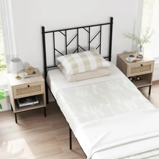 Tangkula Rattan Nightstand Boho End Table with Drawer & Open Shelf for Living Room Oak image {4}