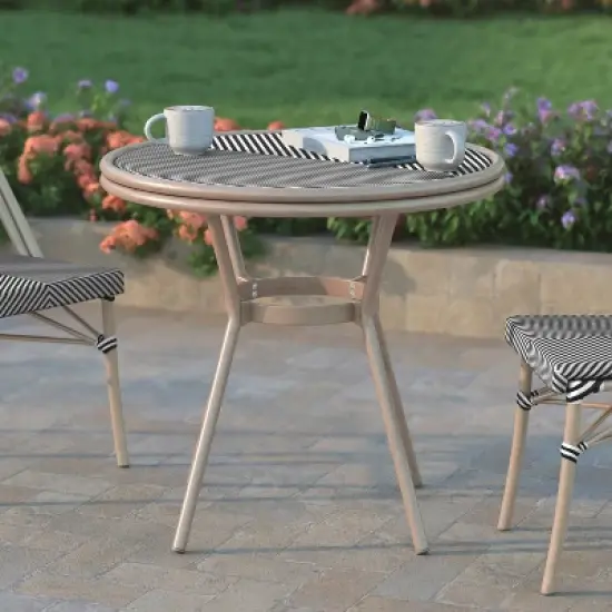 Emma & Oliver Massalia Indoor/Outdoor Bistro Style 31.5 in. Table with Textilene, Glass Top, and Bamboo Finished Metal Frame image {1}