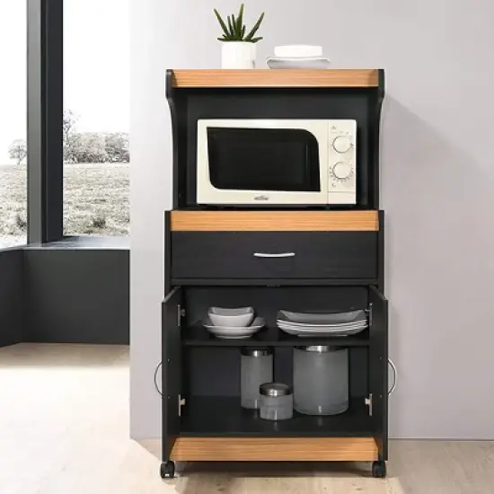 Hodedah Wheeled Kitchen Microwave Island Cart with Pull-Out Drawer and Cabinet Storage, Black-Beech image {1}