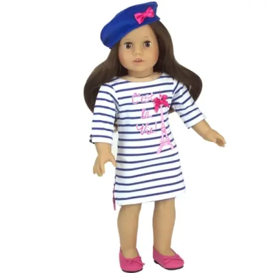 Sophia&rsquo;s Striped Eiffel Tower Dress & Beret for 18&rdquo; Dolls, Royal Blue image {1}