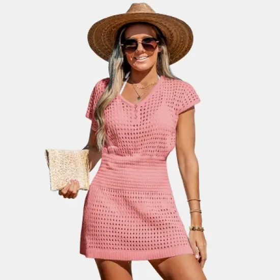 Women's Crochet Knit Cutout V-Neck Cover-Up Mini Dress - Cupshe image {8}