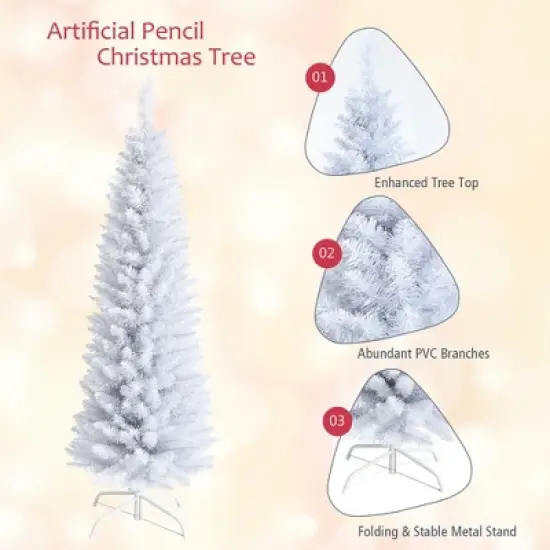 Costway 5ft Unlit Artificial Slim Pencil Christmas Tree with Metal Stand White image {7}