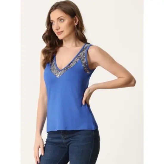 Allegra K Women's V Neck Sleeveless Shirt Sequin Trim Colorblock Tank Shirt Top image {2}