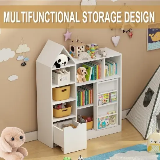 44" Kids Bookshelf Storage，Toy Organizer with Movable Drawers，Floor Storage Chest, Kids Reading Nook for Playroom Classroom image {5}