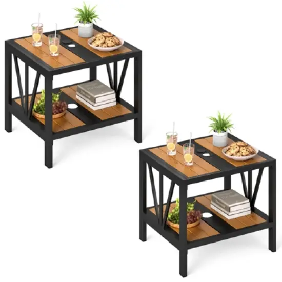 Tangkula 2PCS Outdoor Side Table 2-Tier Coffee End Table w/ 1.57" Umbrella Hole Storage Shelf image {10}