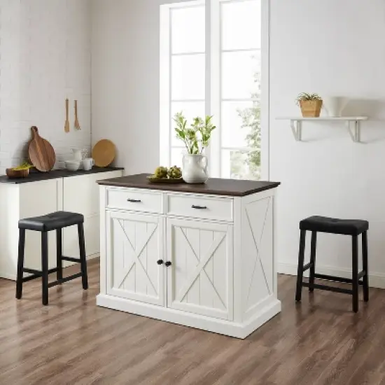 Clifton Kitchen Island with Upholstered Saddle Stools Distressed White/Black - Crosley image {1}
