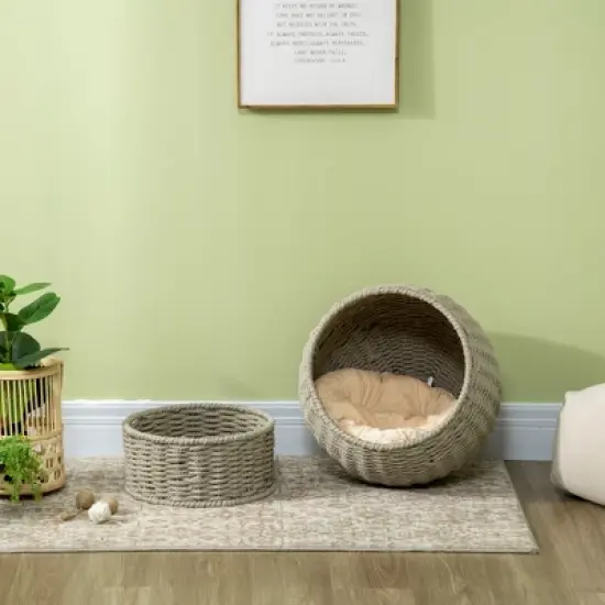 PawHut Elevated Cat Basket Bed with Cushion, Cat Egg Chair Shape, Cute Cat Condo with Stand for Indoor Cats, 20" Dia. x 23.5" H, Herbal Grey image {5}