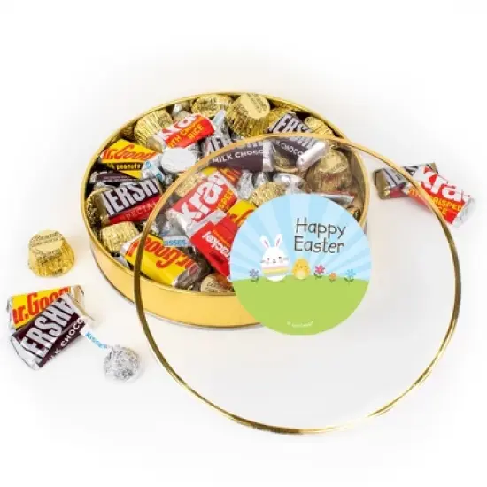 Easter Chocolate Gift Tin - Plastic Tin with Candy Hershey's Kisses, Hershey's Miniatures & Reese's Peanut Butter Cups - Bunny & Chick - By Just Candy image {2}