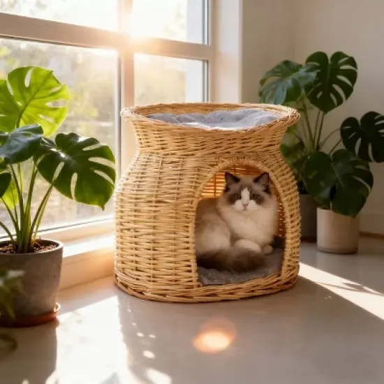 Artloge Double Handwoven Rattan Elevated Cat Bed Dome Wicker Pet Basket Elevated Pet Condo Indoor with Soft Cushions for Multiple Kittens image {2}