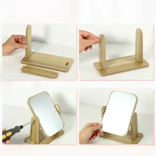 Unique Bargains Natural Wooden Rotating Makeup Mirror Beige 1 Pc image {5}