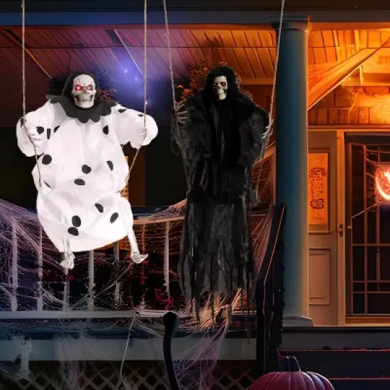 Joyfy 2 Packs 3ft Halloween Hanging Ghosts Outdoor Decor, Scary Grim Reaper Swinging Flying Skeleton with Lighted Up Eyes for Yard Patio Lawn Garden image {10}