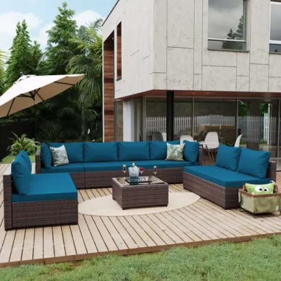 UPHA 9-Piece Rattan Patio Sofa Conversation Set with Cushions image {11}