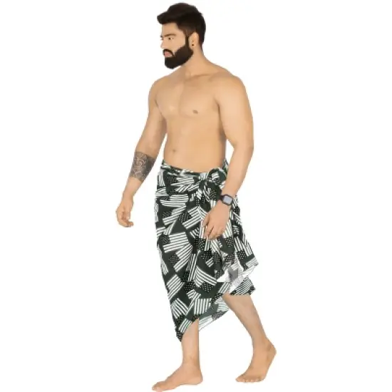 LA LEELA Men's Patriotic 4th of July American Flag Summer Sarong Swim Trunk Long Pareo Beach Wrap One Size Black Allover US Flag image {1}