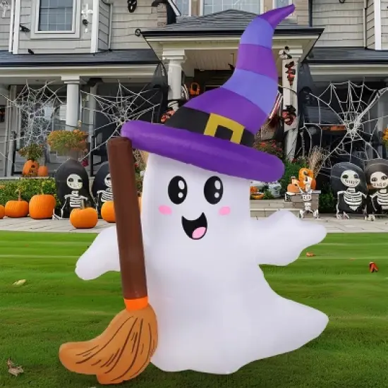 Joyfy 6 FT Tall Halloween Inflatables Outdoor Decorations, Inflatable Cute Ghost Holding Broom with LEDs for Halloween Outdoor Yard Garden Lawn Decor image {4}