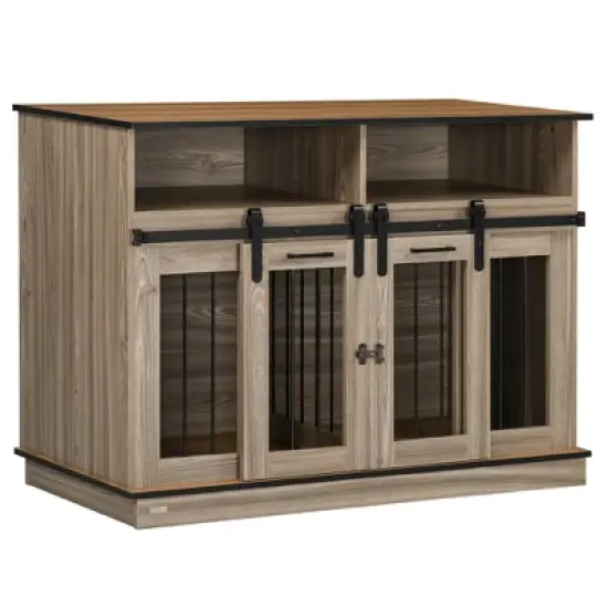 PawHut Dog Crate Furniture for Large Dogs, Double Dog Kennel for Small Dogs with Shelves, Sliding Doors image {6}