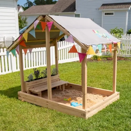 Funphix Dig n&rsquo; Play Wooden Sandbox Playhouse with Bench & Flower Planter, Outdoor Sand Pit for Kids image {3}