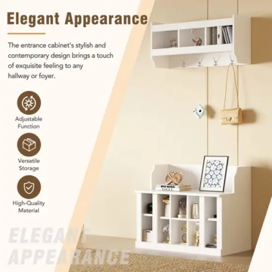 MOEPISY Elegant Hall Tree with Wall Mounted Coat Rack, Entryway Organizer For Hallway, Foyer, Mudroom, White image {3}