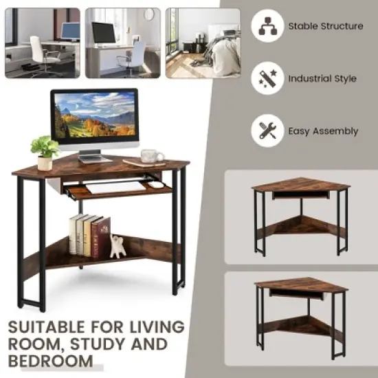 Costway Triangle Corner Computer Desk Small Space Study Desk Home Office w/Keyboard Tray image {5}