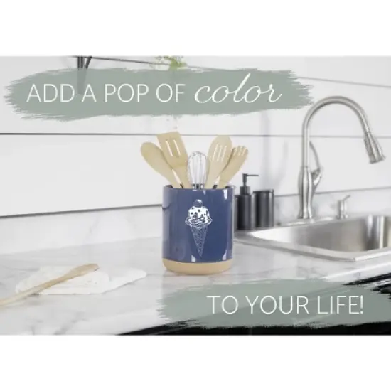 Elanze Designs 8 inch Ice Cream Waffle Cone Large Ceramic Kitchen Utensil Holder Navy Blue and White Crock with Cork Base image {4}